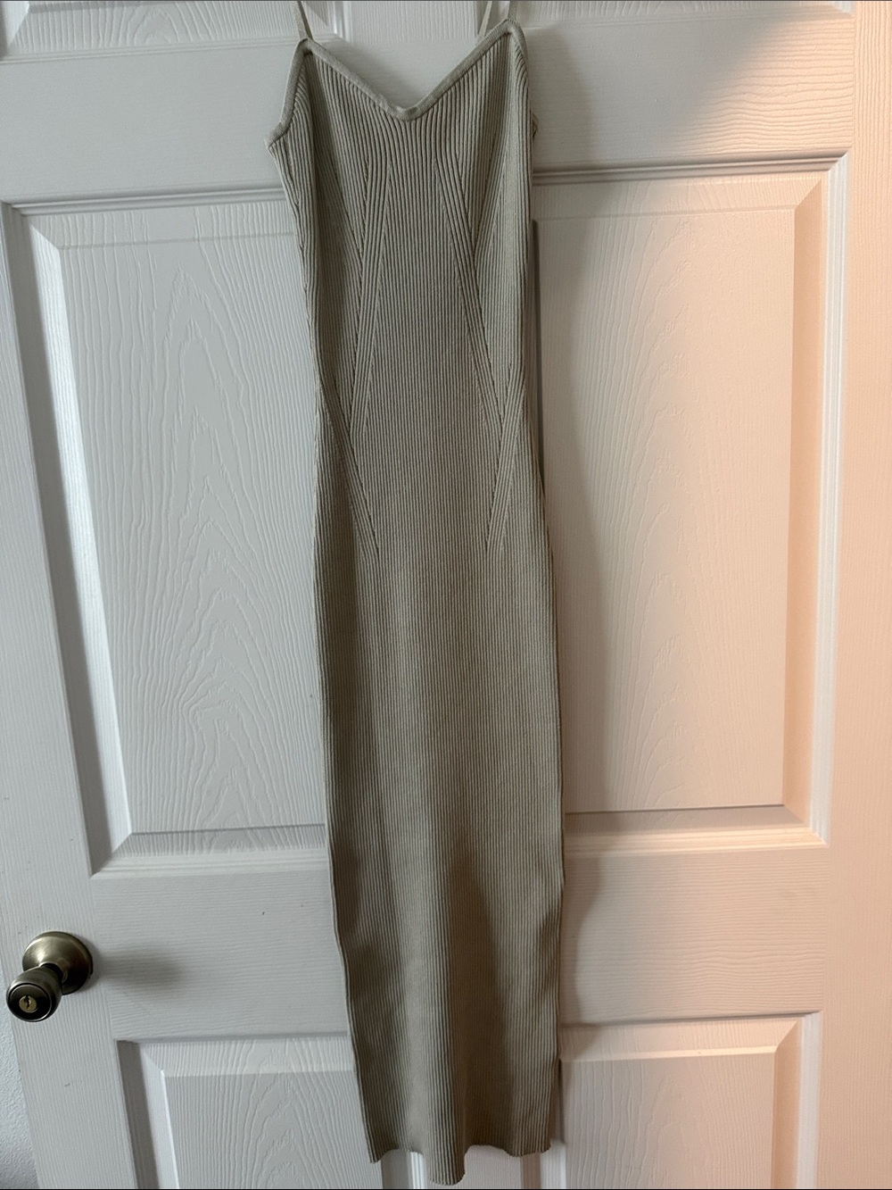 H&M Ribbed Spaghetti-Strap Maxi Dress in Light Olive